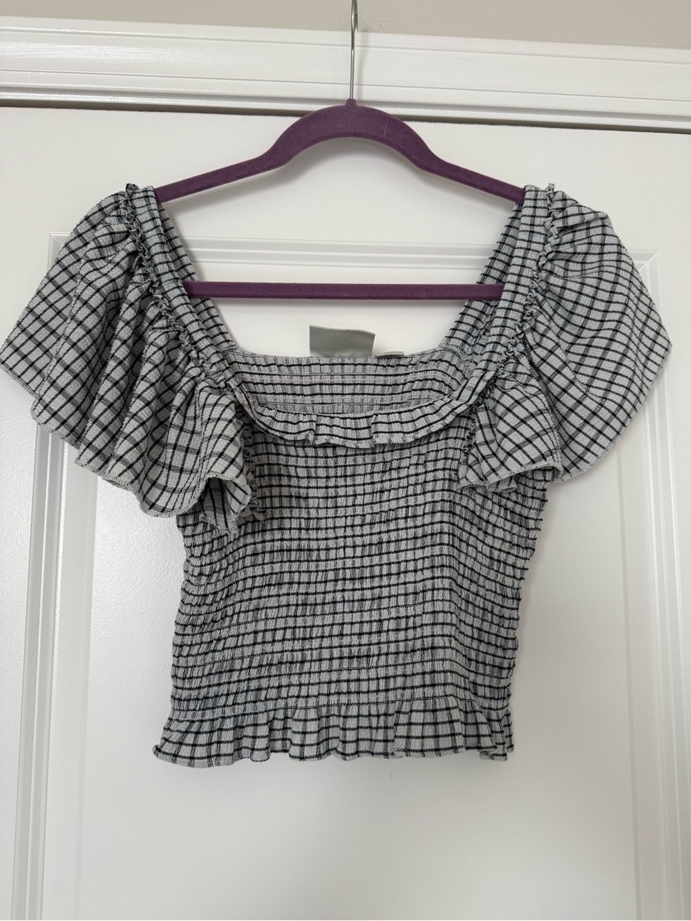 Anthropologie Black & White Check Smocked Off-Shoulder Crop Top